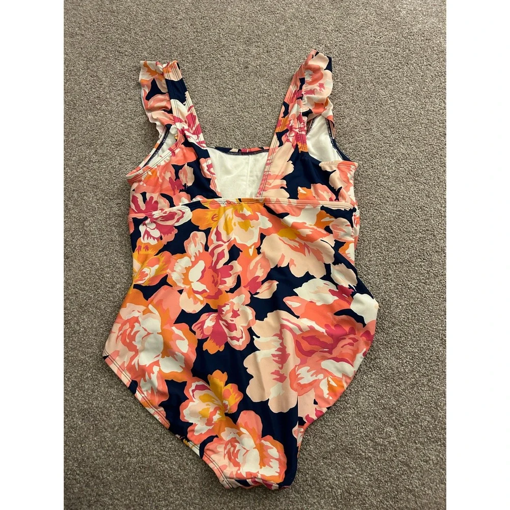 Kona Sol One Piece Swimsuit Women XL 16 Navy Pink Floral Ruffle Ruched Excellent